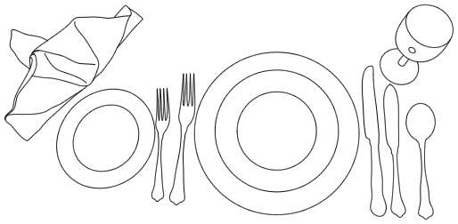 Line drawing of a formal table setting before serving